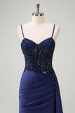 Navy Sereia Esparguete Correias Ruched Streamer Long Prom Dress with Lace