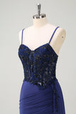 Navy Sereia Esparguete Correias Ruched Streamer Long Prom Dress with Lace