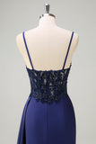 Navy Sereia Esparguete Correias Ruched Streamer Long Prom Dress with Lace