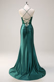 Brilhante verde escuro sereia Halter Corset longo vestido de baile com fenda