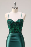 Brilhante verde escuro sereia Halter Corset longo vestido de baile com fenda