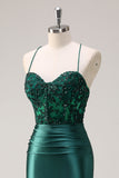 Brilhante verde escuro sereia Halter Corset longo vestido de baile com fenda