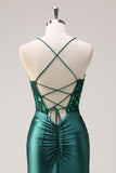 Brilhante verde escuro sereia Halter Corset longo vestido de baile com fenda