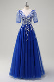 Sparkly Royal Blue A-Line V Neck Appliques Tulle Long Prom Dress com mangas curtas