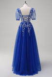 Sparkly Royal Blue A-Line V Neck Appliques Tulle Long Prom Dress com mangas curtas