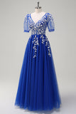 Sparkly Royal Blue A-Line V Neck Appliques Tulle Long Prom Dress com mangas curtas