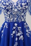 Sparkly Royal Blue A-Line V Neck Appliques Tulle Long Prom Dress com mangas curtas