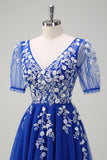 Sparkly Royal Blue A-Line V Neck Appliques Tulle Long Prom Dress com mangas curtas