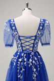 Sparkly Royal Blue A-Line V Neck Appliques Tulle Long Prom Dress com mangas curtas