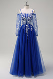 Sparkly Royal Blue A-Line Ombro Frio Mangas Longas Vestido de Baile de Formatura com Apliques