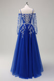 Sparkly Royal Blue A-Line Ombro Frio Mangas Longas Vestido de Baile de Formatura com Apliques