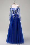 Sparkly Royal Blue A-Line Ombro Frio Mangas Longas Vestido de Baile de Formatura com Apliques