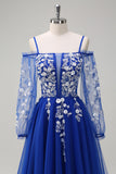 Sparkly Royal Blue A-Line Ombro Frio Mangas Longas Vestido de Baile de Formatura com Apliques