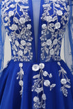 Sparkly Royal Blue A-Line Ombro Frio Mangas Longas Vestido de Baile de Formatura com Apliques