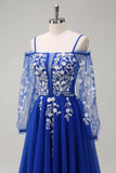 Sparkly Royal Blue A-Line Ombro Frio Mangas Longas Vestido de Baile de Formatura com Apliques