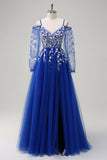 Royal Blue A-Line Ombro Frio Sequin Applique Long Prom Dress com Tule Fenda