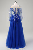 Royal Blue A-Line Ombro Frio Sequin Applique Long Prom Dress com Tule Fenda