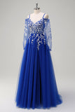 Royal Blue A-Line Ombro Frio Sequin Applique Long Prom Dress com Tule Fenda