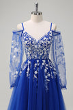 Royal Blue A-Line Ombro Frio Sequin Applique Long Prom Dress com Tule Fenda