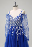 Royal Blue A-Line Ombro Frio Sequin Applique Long Prom Dress com Tule Fenda