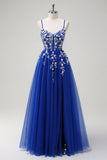 Royal Blue A-Line Espaghetti Correias Applique Sequined Prom Vestido com Fenda