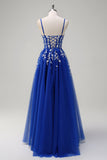 Royal Blue A-Line Espaghetti Correias Applique Sequined Prom Vestido com Fenda