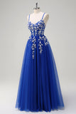 Royal Blue A-Line Espaghetti Correias Applique Sequined Prom Vestido com Fenda