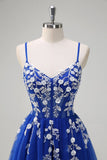 Royal Blue A-Line Espaghetti Correias Applique Sequined Prom Vestido com Fenda