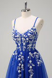 Royal Blue A-Line Espaghetti Correias Applique Sequined Prom Vestido com Fenda