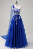 Royal Blue A-Line One Shoulder Watteau Train Appliqued Prom Dress com renda para trás