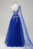 Royal Blue A-Line One Shoulder Watteau Train Appliqued Prom Dress com renda para trás