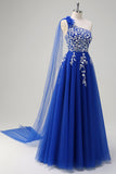 Royal Blue A-Line One Shoulder Watteau Train Appliqued Prom Dress com renda para trás