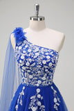 Royal Blue A-Line One Shoulder Watteau Train Appliqued Prom Dress com renda para trás