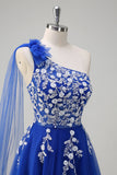 Royal Blue A-Line One Shoulder Watteau Train Appliqued Prom Dress com renda para trás