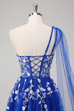 Royal Blue A-Line One Shoulder Watteau Train Appliqued Prom Dress com renda para trás