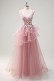 Cinzento Rosa A-Line Spiral Ruffle Tiered Long Corset Prom Dress com Apliques