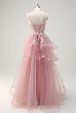 Cinzento Rosa A-Line Spiral Ruffle Tiered Long Corset Prom Dress com Apliques