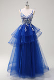 Royal Blue A-Line Tiered Long Appliqued Prom Dress com Lantejoulas