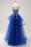 Royal Blue A-Line Tiered Long Appliqued Prom Dress com Lantejoulas