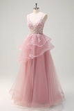 Cinzento Rosa A-Line Spiral Ruffle Tiered Long Corset Prom Dress com Apliques