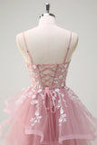 Cinzento Rosa A-Line Spiral Ruffle Tiered Long Corset Prom Dress com Apliques