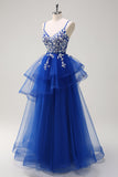 Royal Blue A-Line Tiered Long Appliqued Prom Dress com Lantejoulas