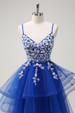 Royal Blue A-Line Tiered Long Appliqued Prom Dress com Lantejoulas