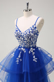 Royal Blue A-Line Tiered Long Appliqued Prom Dress com Lantejoulas