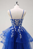 Royal Blue A-Line Tiered Long Appliqued Prom Dress com Lantejoulas