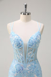 Sereia Azul Brilhante Esparguete Correias Sequin Corset Longo Vestido de Baile com Bordado