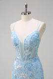 Sereia Azul Brilhante Esparguete Correias Sequin Corset Longo Vestido de Baile com Bordado