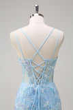 Sereia Azul Brilhante Esparguete Correias Sequin Corset Longo Vestido de Baile com Bordado