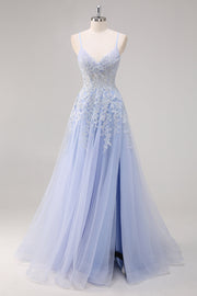 Vestido de Baile Longo com Alças Finas e Apliques em Lavanda com Fenda