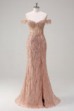 Sparkly Dusty Rose Sereia fora do ombro longo vestido de baile com fenda